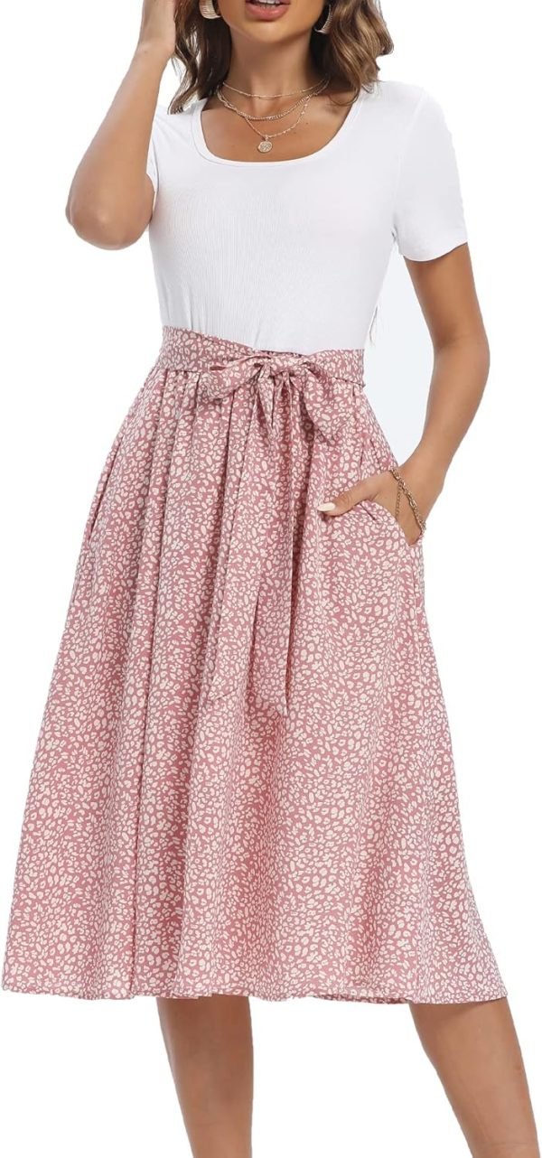 Saonta  Summer Dresses for Women 2024 Short Sleeve Elastic Waist Casual Dresses Ribbed Floral Work Midi Dress with Pockets