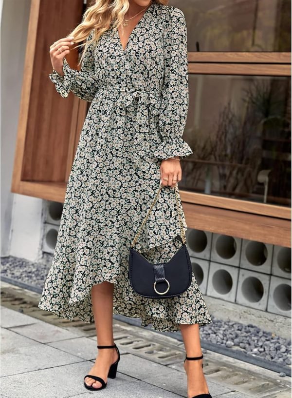 Saonta  Women Long Sleeve Wrap Maxi Dress V Neck Boho Floral High Waist Flowy Ruffle 2024 Spring Summer Dresses with Belt