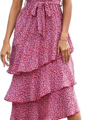Saonta Womens Summer Floral One Shoulder Tiered Ruffle Flowy Midi Beach Boho Dress