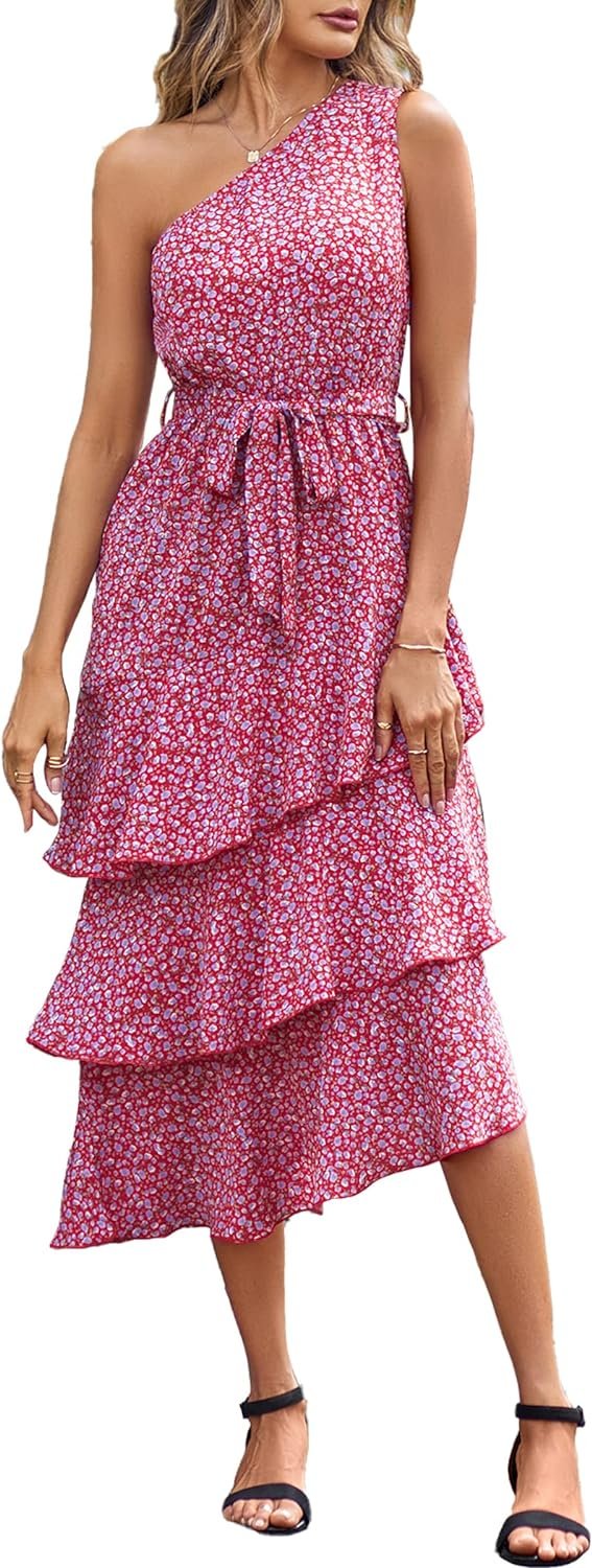 Saonta Womens Summer Floral One Shoulder Tiered Ruffle Flowy Midi Beach Boho Dress