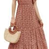 Saonta Women's 2024 Summer Casual Floral Print Short Flutter Sleeve Crew Neck Smocked High Waist Flowy Maxi Dress