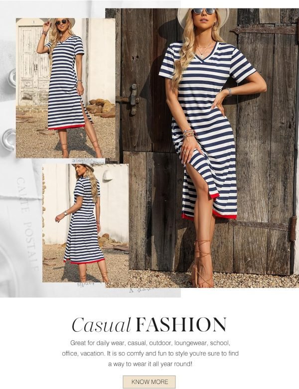 Saonta  Summer Dress Casual Womens Fashion Short Sleeve Maxi Dress T Shirt Dress Striped Long Color Block Maxi Dress