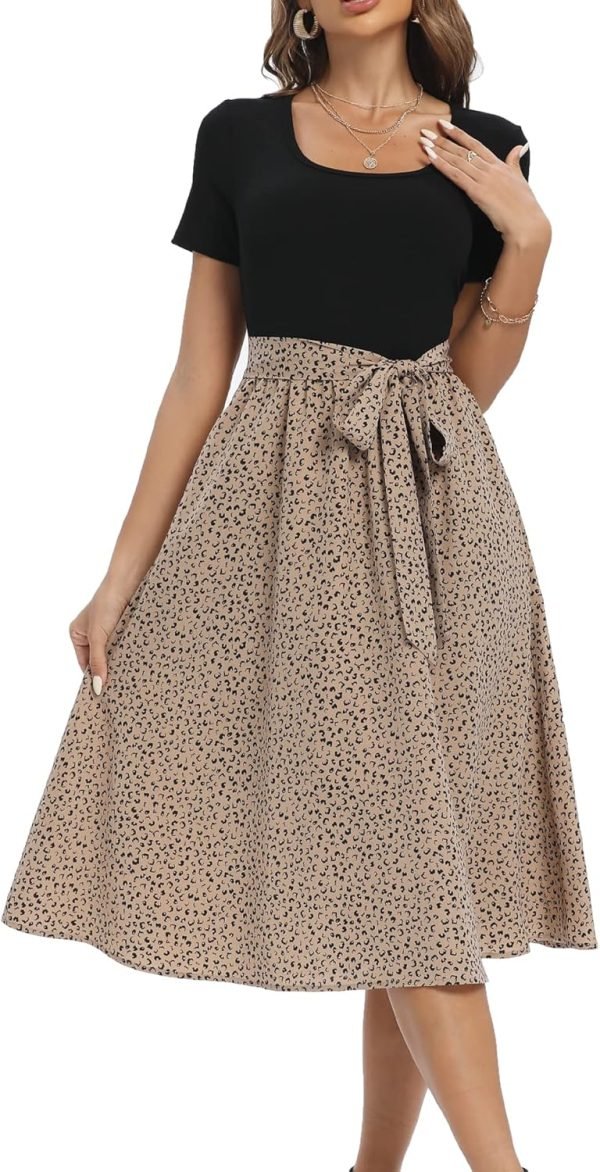 Saonta  Summer Dresses for Women 2024 Short Sleeve Elastic Waist Casual Dresses Ribbed Floral Work Midi Dress with Pockets