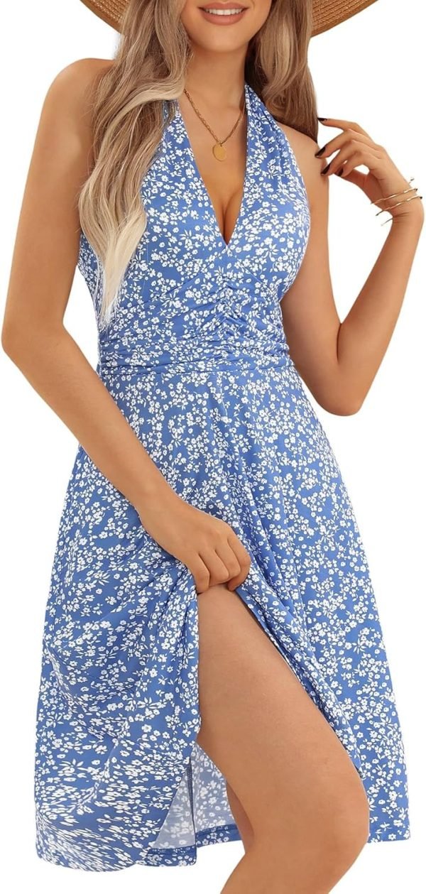 Saonta  Women's Summer Sundress Sleeveless Halter Neck Spring Boho Floral with Pocket Elastic Waist Ruffle Mini Dresses 2024