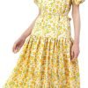 Saonta  Women's Short Sleeve V-Neck 3/4 Sleeve Button Up Chiffon Floral Pleated Midi Swing Dress with Belt