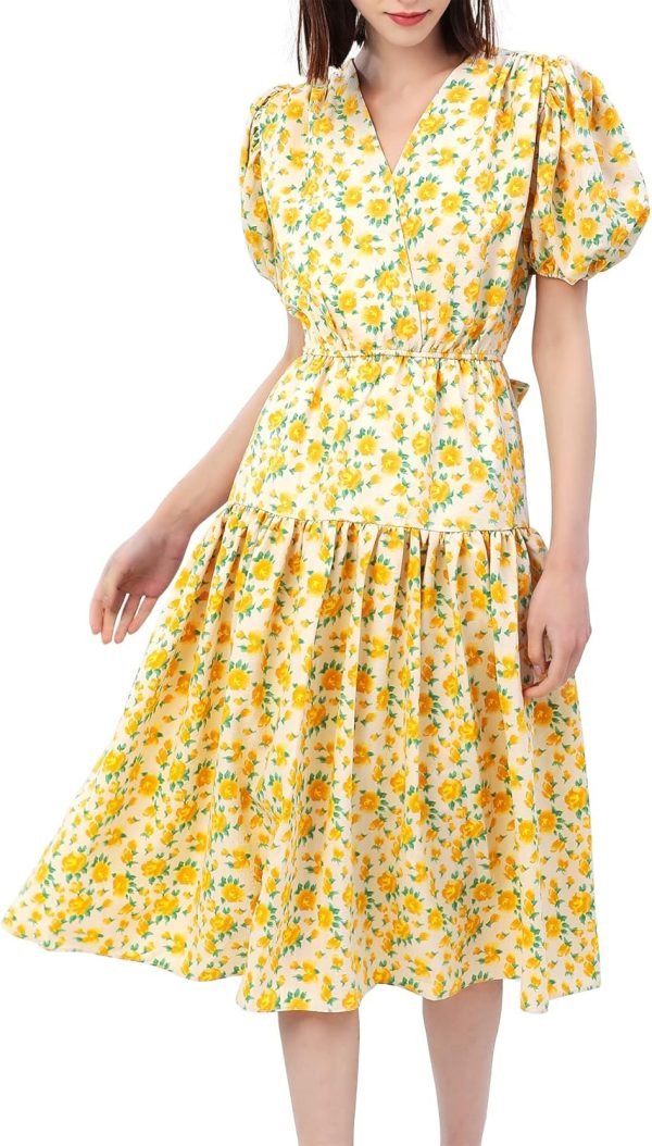 Saonta  Women's Short Sleeve V-Neck 3/4 Sleeve Button Up Chiffon Floral Pleated Midi Swing Dress with Belt