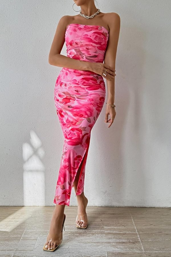 Saonta  Women's Summer Maxi Bodycon Dresses Strapless Tube Top Printed Long Party Club Slit Dress