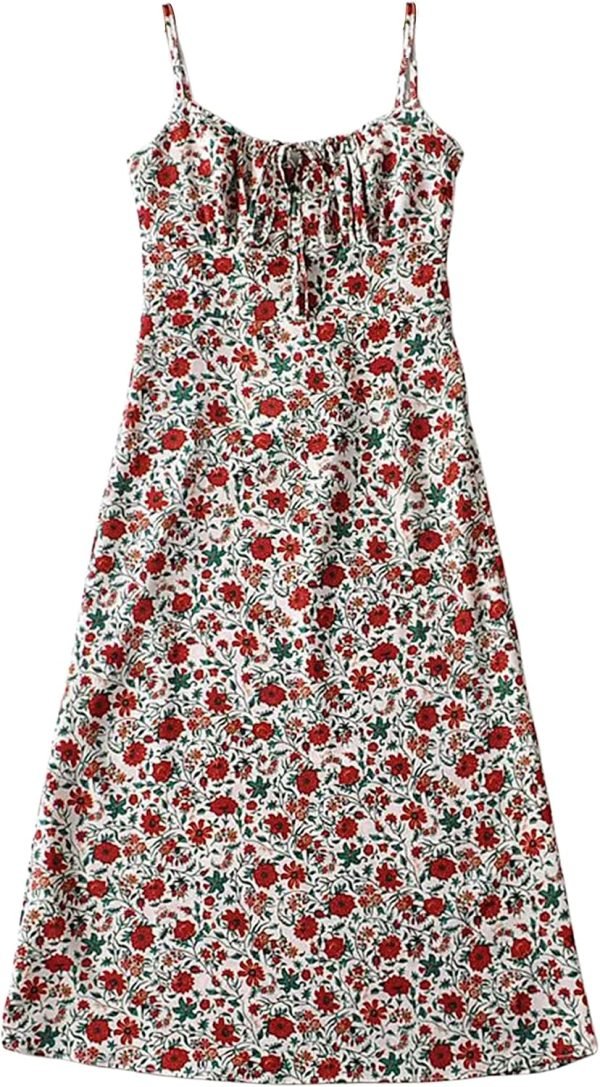 Saonta  Women's Floral Dress Low-Cut Square Neck Spaghetti Strap Tie Bodycorn Dresses