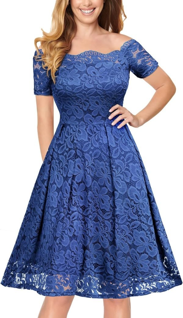 Saonta  Women's Vintage Floral Lace Short Sleeve Boat Neck Cocktail Party Swing Dress