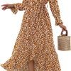 Saonta  Women Long Sleeve Wrap Maxi Dress V Neck Boho Floral High Waist Flowy Ruffle 2024 Spring Summer Dresses with Belt