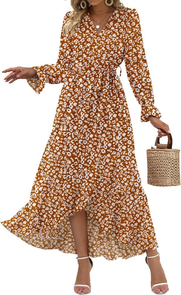 Saonta  Women Long Sleeve Wrap Maxi Dress V Neck Boho Floral High Waist Flowy Ruffle 2024 Spring Summer Dresses with Belt