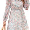 Saonta  Women's Floral Print Chiffon A-Line Mini Dress Long Peasant Sleeves