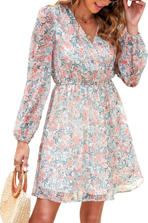 Saonta  Women's Floral Print Chiffon A-Line Mini Dress Long Peasant Sleeves