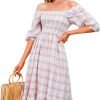 Saonta  Women's Summer Cotton Puff Sleeves Casual Vintage Polka Dots Print Off Shoulder Midi Dress