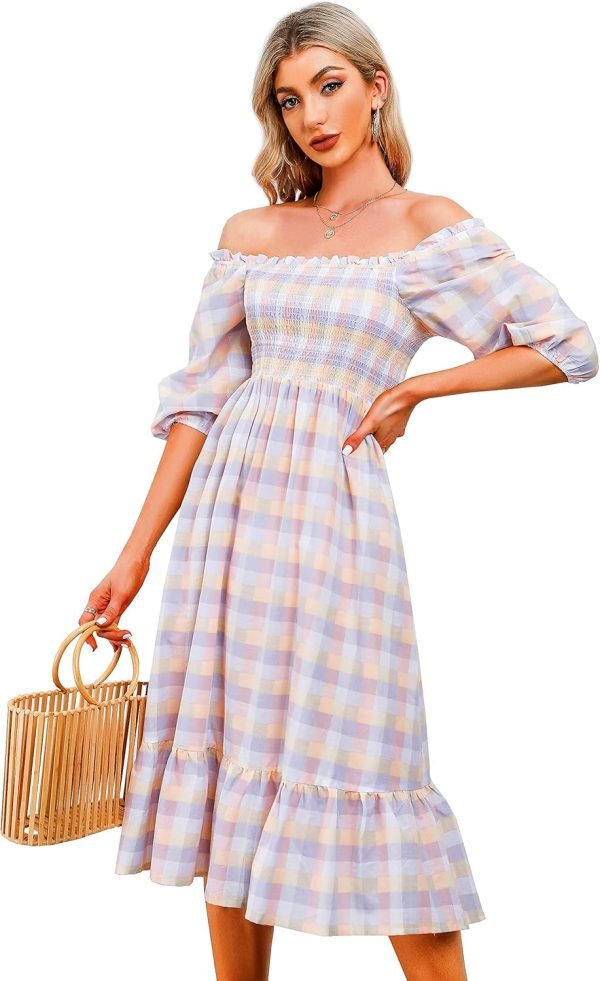 Saonta  Women's Summer Cotton Puff Sleeves Casual Vintage Polka Dots Print Off Shoulder Midi Dress