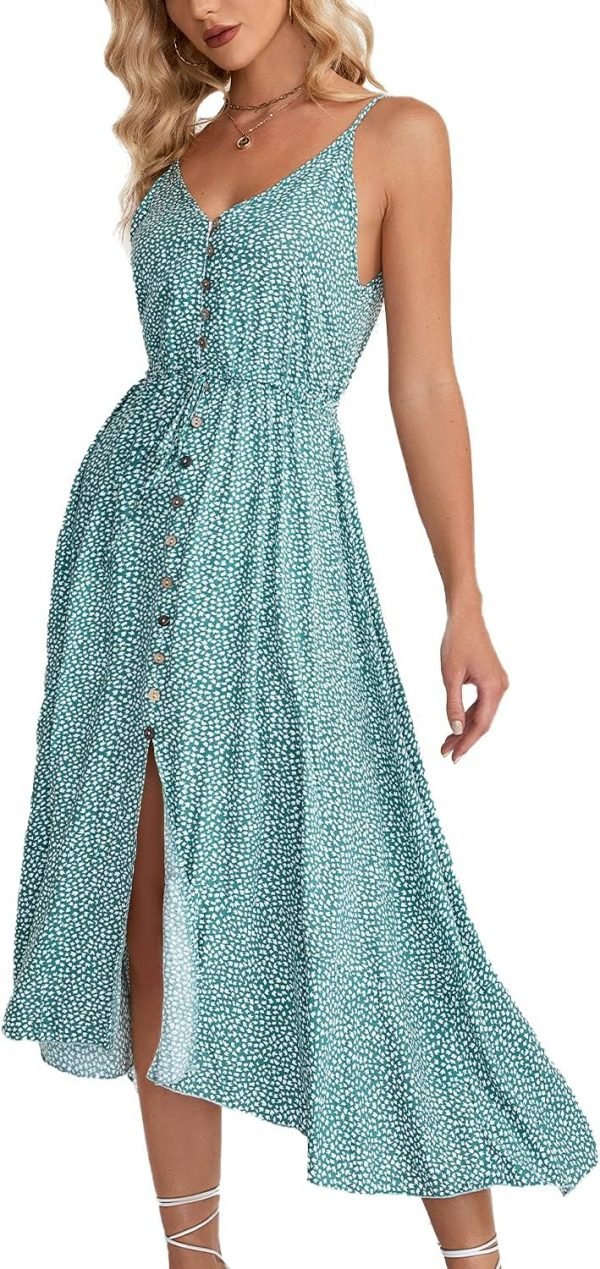 Saonta  Women's 2024 Summer Casual Boho Sundress Polka Dot Spaghetti Strap V Neck Flowy Midi Dresses