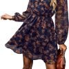 Saonta  Women's Floral Print Chiffon A-Line Mini Dress Long Peasant Sleeves