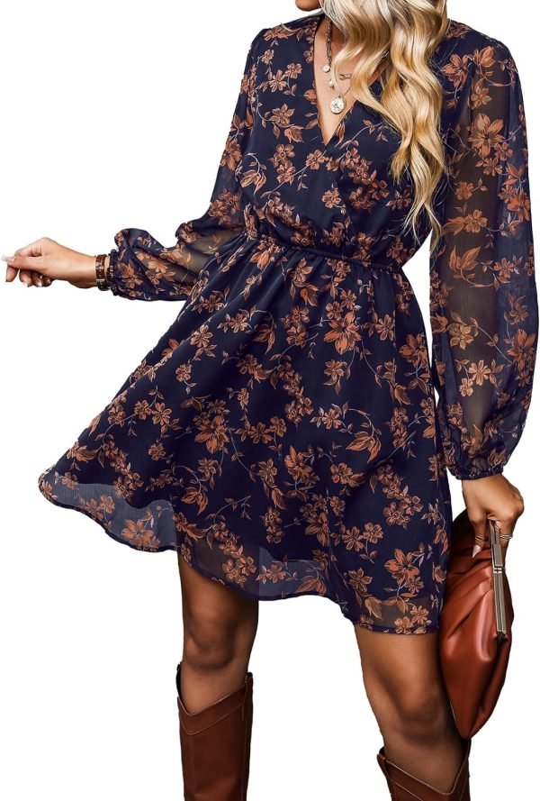 Saonta  Women's Floral Print Chiffon A-Line Mini Dress Long Peasant Sleeves