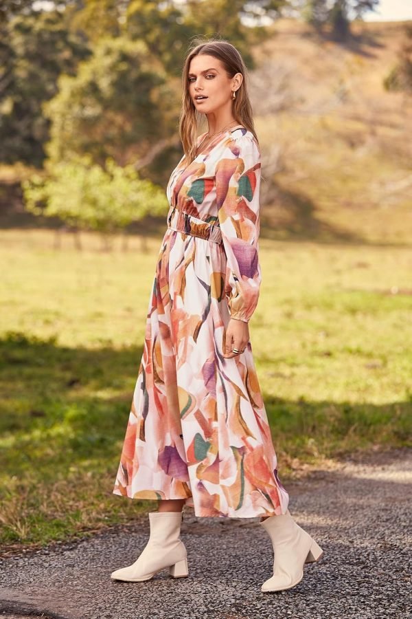 Saonta  Women's 2024 Fall Boho Maxi Dress Casual Long Sleeve V Neck Printed Beach Long Flowy Dresses