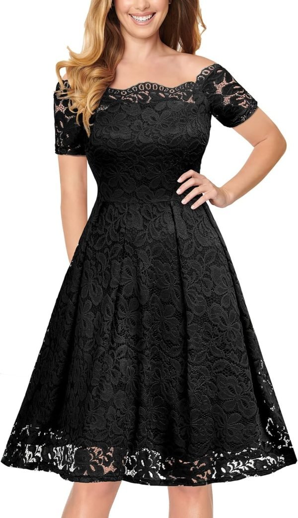 Saonta  Women's Vintage Floral Lace Short Sleeve Boat Neck Cocktail Party Swing Dress