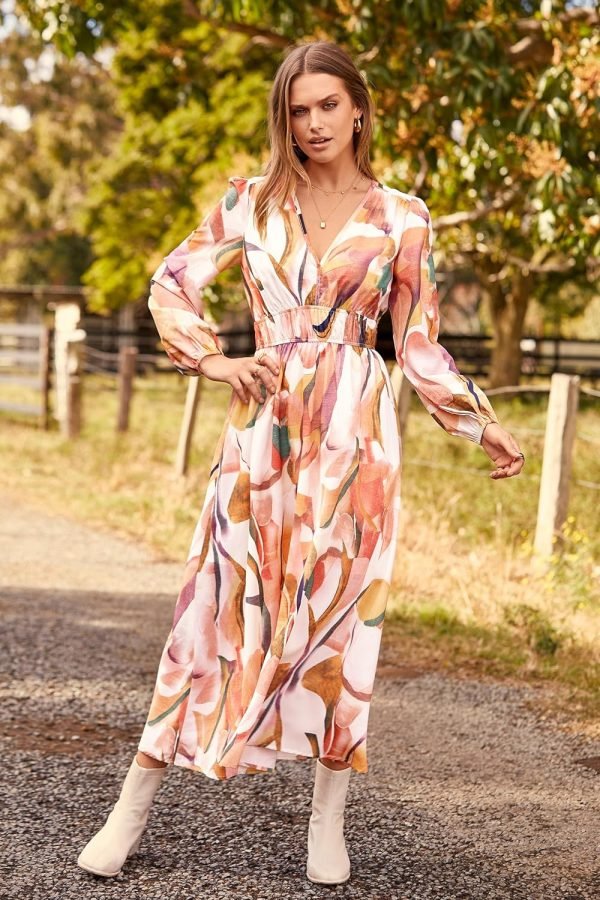 Saonta  Women's 2024 Fall Boho Maxi Dress Casual Long Sleeve V Neck Printed Beach Long Flowy Dresses