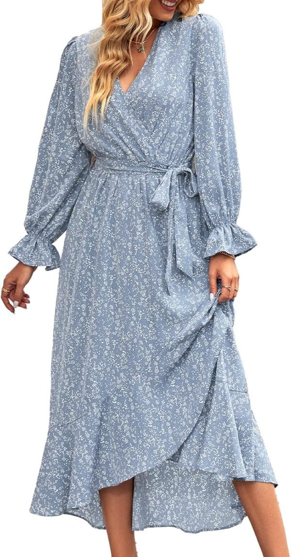 Saonta  Women Long Sleeve Wrap Maxi Dress V Neck Boho Floral High Waist Flowy Ruffle 2024 Spring Summer Dresses with Belt