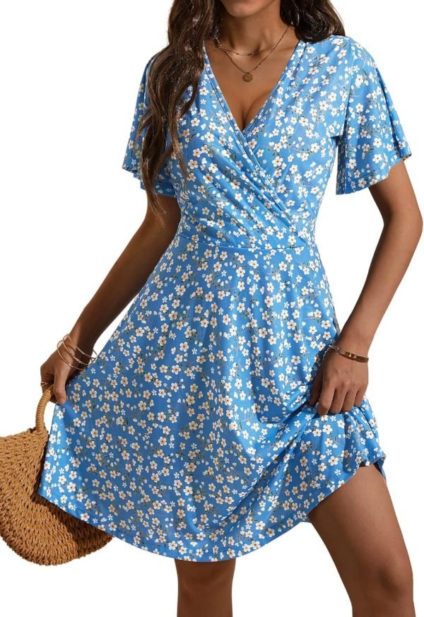 Saonta  Womens Sundress Summer Floral Short Sleeve Wrap V Neck A-Line Midi Dress