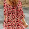 Saonta  Womens Summer Dresses 2024 Boho Floral Square Neck Smocked 3/4 Sleeve Casual A-Line Swing Mini Babydoll Dress