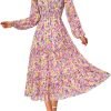 Saonta  Women 2024 Fall Dress Floral Boho Dress Casual Long Sleeve Crew Neck Ruffle A-Line Flowy Wedding Guest Maxi Dresses