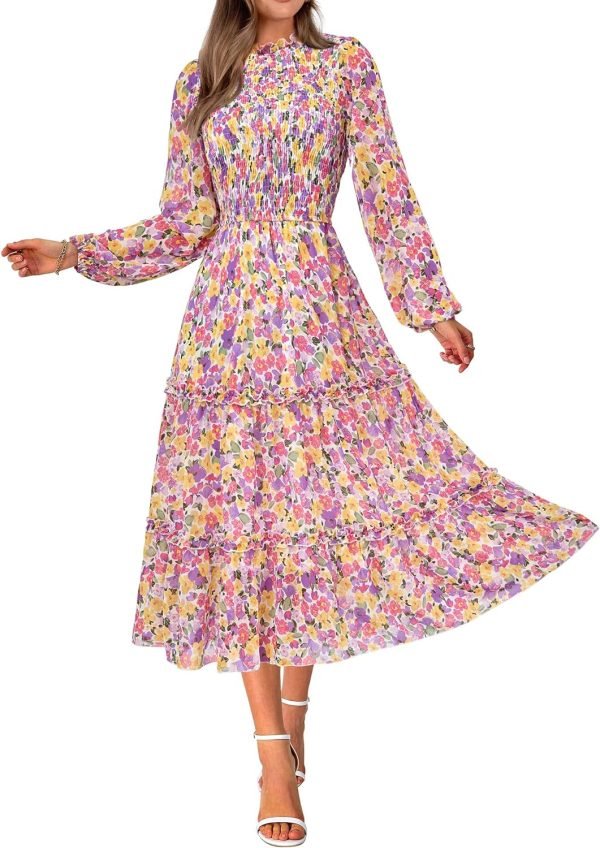 Saonta  Women 2024 Fall Dress Floral Boho Dress Casual Long Sleeve Crew Neck Ruffle A-Line Flowy Wedding Guest Maxi Dresses