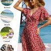 Saonta  Womens Sundress Summer Floral Short Sleeve Wrap V Neck A-Line Midi Dress