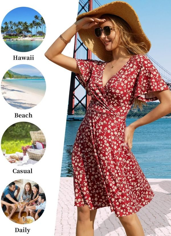 Saonta  Womens Sundress Summer Floral Short Sleeve Wrap V Neck A-Line Midi Dress