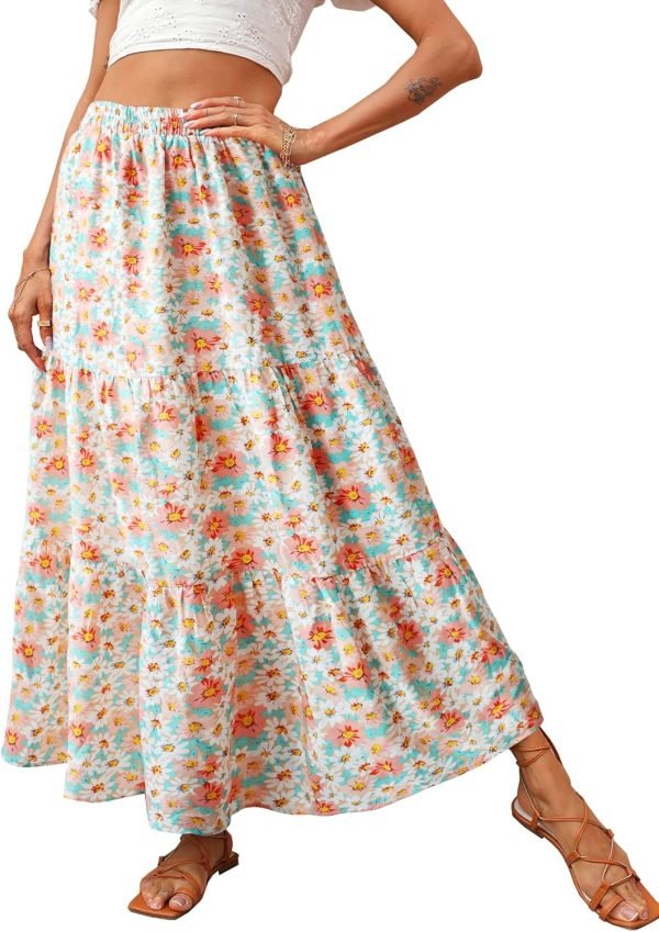 Saonta  Womens 2024 Spring Summer High Waist Boho Floral Maxi Skirt Casual Flowy Swing Pleated A Line Beach Long Skirts