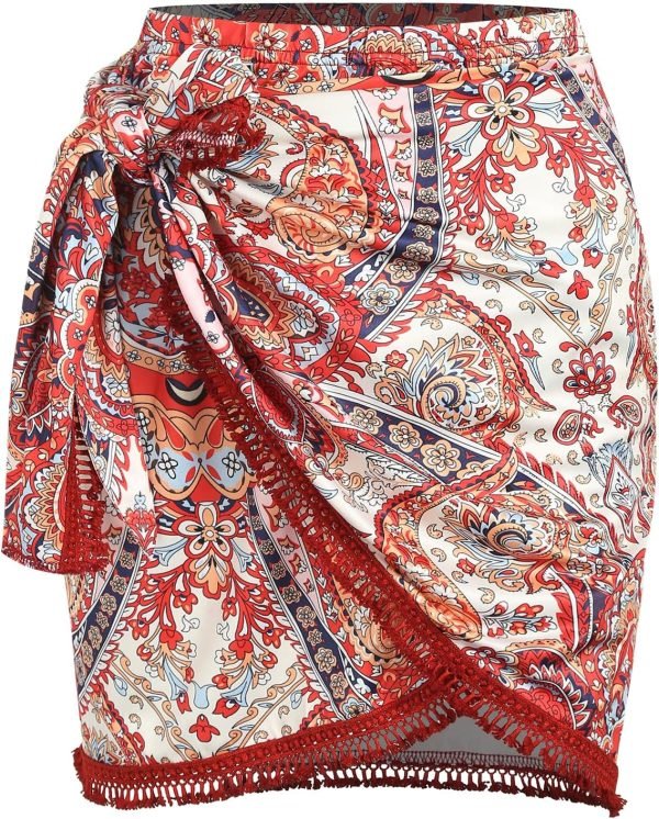 Saonta  Slit Skirt for Women Boho Print Tie Side Wrap Tassel Casual Beach Mini Skirt