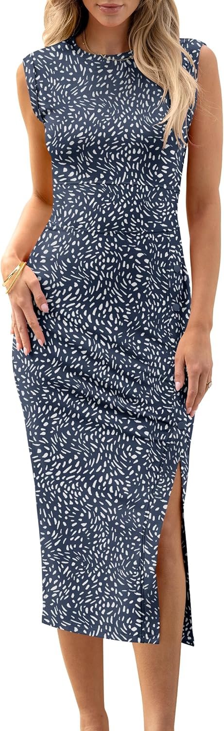 Saonta  Womens Summer Sleeveless Bodycon Midi Dress Button Slit 2024 Fashion Casual Sundress Cocktail Party Dresses