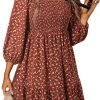 Saonta  Womens Summer Dresses 2024 Boho Floral Square Neck Smocked 3/4 Sleeve Casual A-Line Swing Mini Babydoll Dress