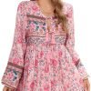 Saonta  Womens Long Sleeve Floral Casual Print Cotton Mini Tunic Dress