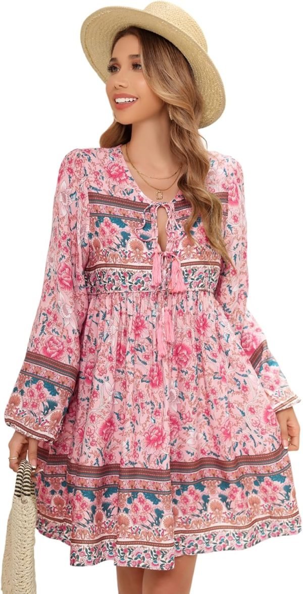 Saonta  Womens Long Sleeve Floral Casual Print Cotton Mini Tunic Dress
