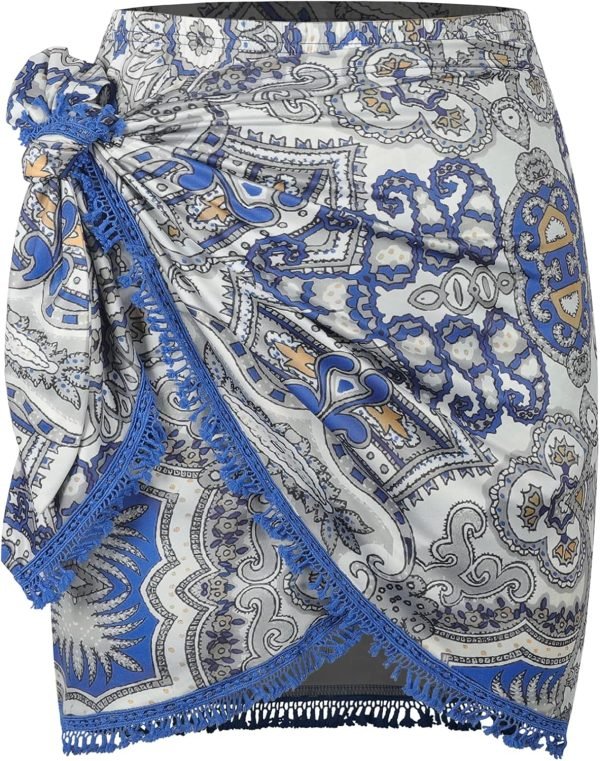 Saonta  Slit Skirt for Women Boho Print Tie Side Wrap Tassel Casual Beach Mini Skirt