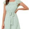 Saonta  K Women's Floral Chiffon Flutter Sleeve Belted Square Neck Ruffled Hem Dress