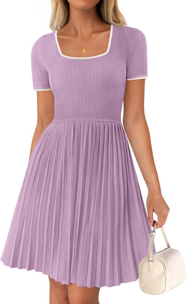 Saonta Women's Ribbed Square Neck Color Block Pleated Mini Dress Short Sleeve A Line Knit Short Dresses
