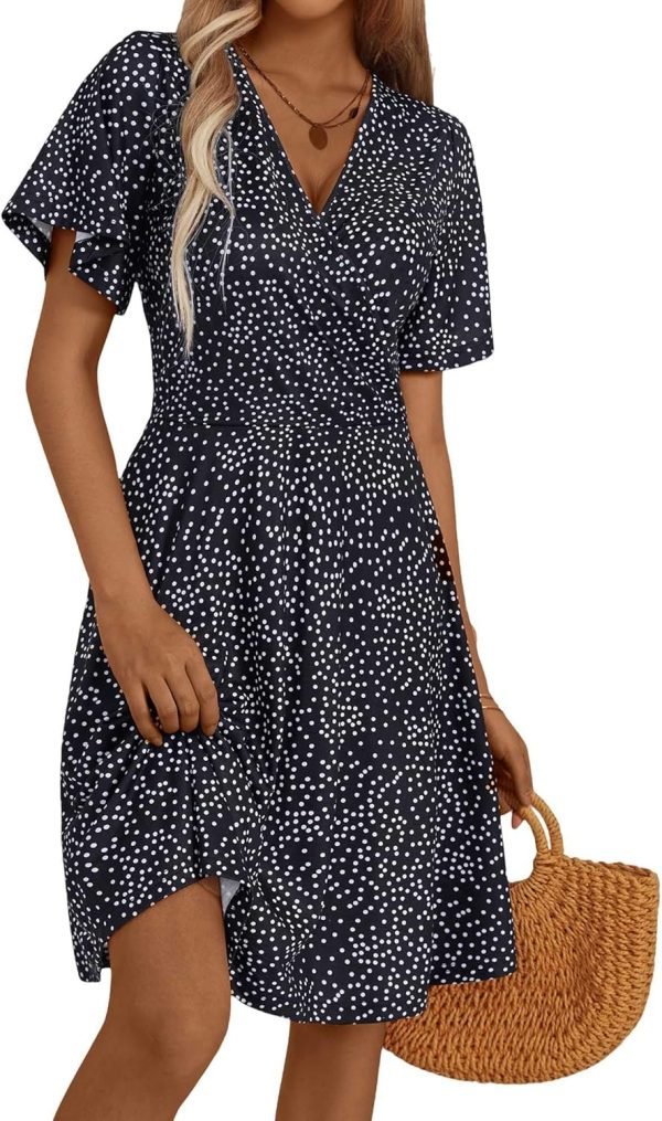 Saonta  Womens Sundress Summer Floral Short Sleeve Wrap V Neck A-Line Midi Dress