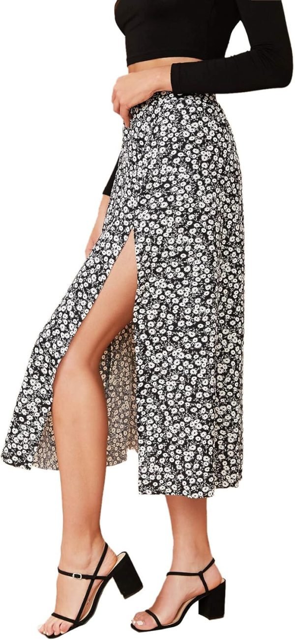 Saonta  Women's Sexy Boho Floral Split Thigh High Waist Swing Midi Skirt
