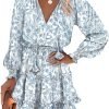 Saonta  Womens Summer Dresses 2024 Boho Floral Drawstring V Neck Smocked Long Sleeve Ruffle Tiered Chiffon Mini Short Dress