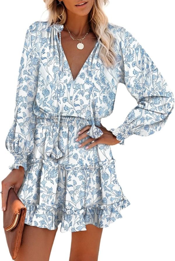 Saonta  Womens Summer Dresses 2024 Boho Floral Drawstring V Neck Smocked Long Sleeve Ruffle Tiered Chiffon Mini Short Dress
