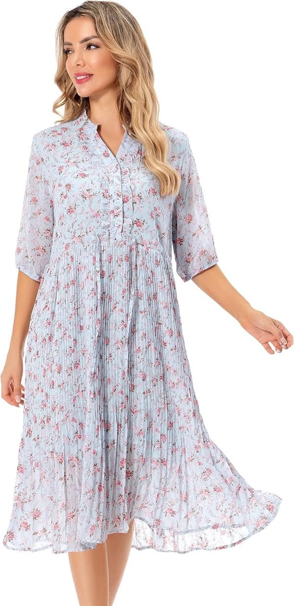 Saonta  Women's Short Sleeve V-Neck 3/4 Sleeve Button Up Chiffon Floral Pleated Midi Swing Dress with Belt