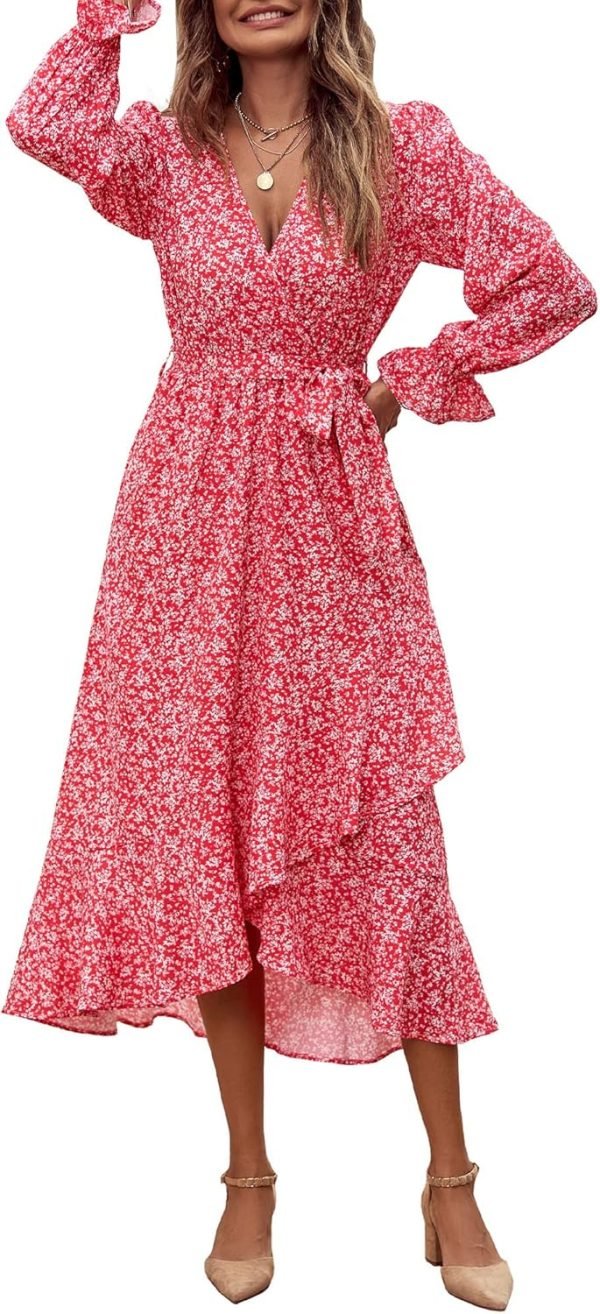 Saonta  Women Long Sleeve Wrap Maxi Dress V Neck Boho Floral High Waist Flowy Ruffle 2024 Spring Summer Dresses with Belt