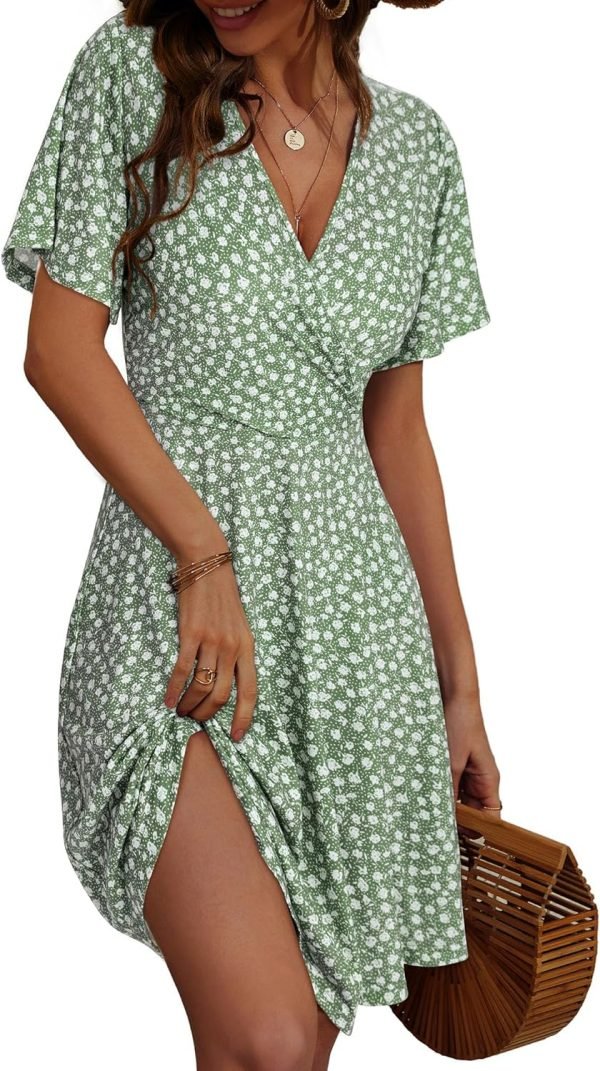 Saonta  Womens Sundress Summer Floral Short Sleeve Wrap V Neck A-Line Midi Dress
