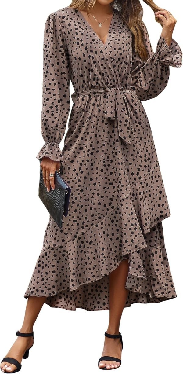 Saonta  Women Long Sleeve Wrap Maxi Dress V Neck Boho Floral High Waist Flowy Ruffle 2024 Spring Summer Dresses with Belt
