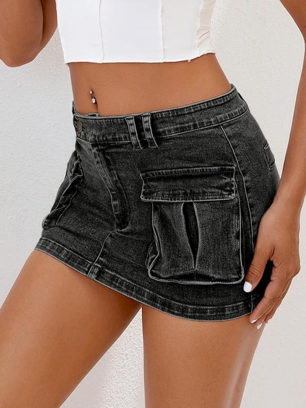 Saonta  Women's Low Waist Mini Saonta  Skirt Y2K, High-Stretch Bodycon Button Denim Skirt with Pockets